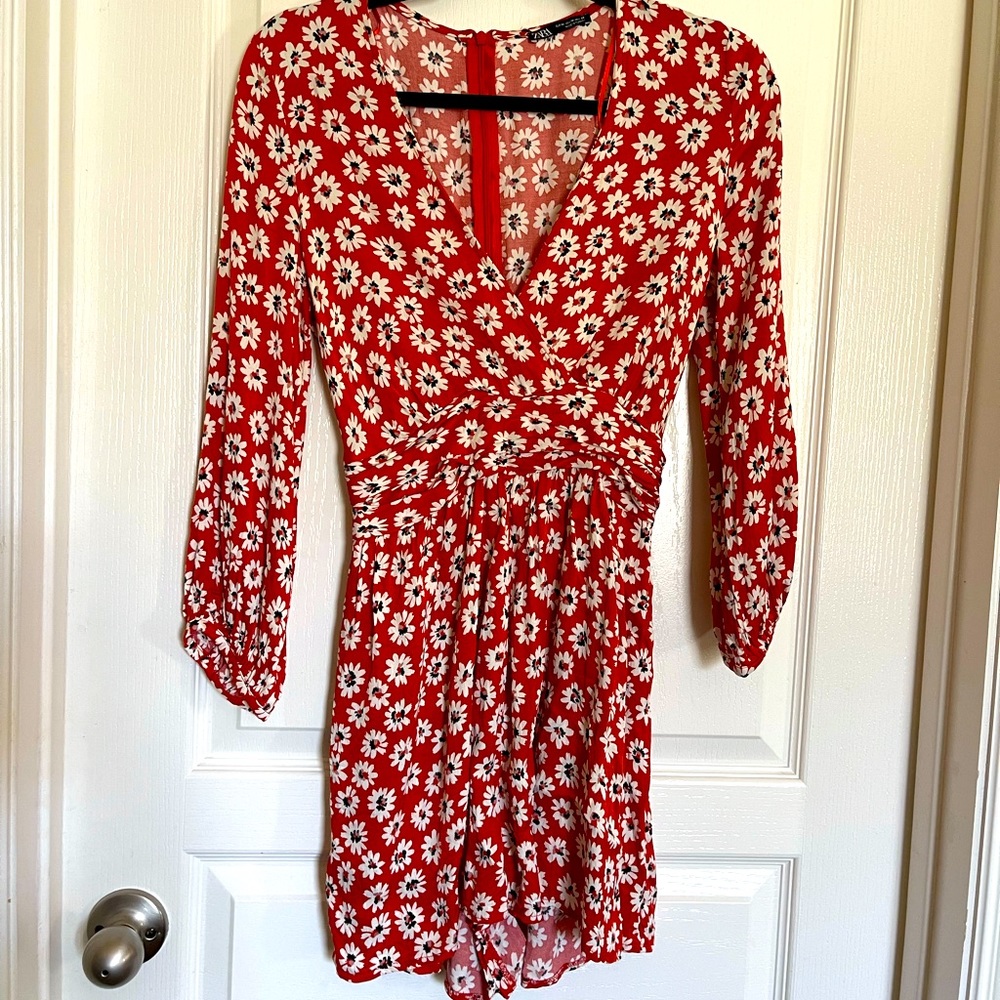 Zara, size medium, red orange, silky feel, floral romper.